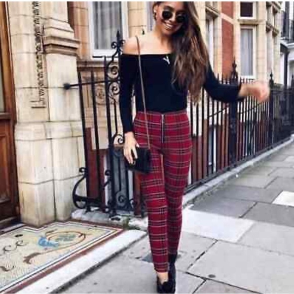 ZARA High Waist Plaid Red Legging Pants Sz M - Picture 1 of 8